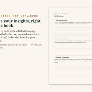 Puede incluir: Una p&aacute;gina de libro de ejercicios titulada Reflections con tres puntos de reflexi&oacute;n guiados, incluyendo Your Honest Inventory, The Standard Underneath y Boundaries, Not Borderless, con l&iacute;neas para escribir sobre un fondo crema.
