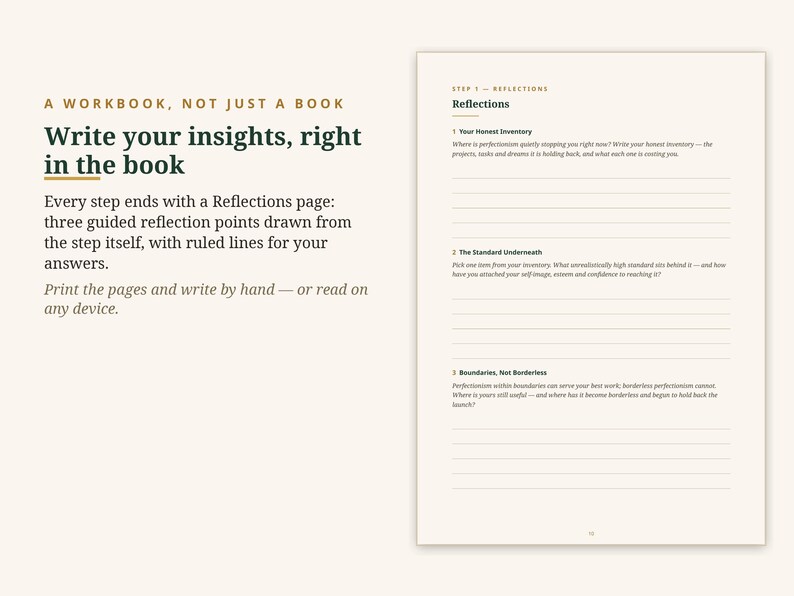 Puede incluir: Una p&aacute;gina de libro de ejercicios titulada Reflections con tres puntos de reflexi&oacute;n guiados, incluyendo Your Honest Inventory, The Standard Underneath y Boundaries, Not Borderless, con l&iacute;neas para escribir sobre un fondo crema.
