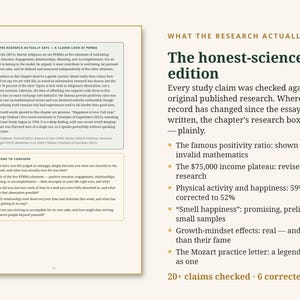 May include: A book page titled What the Research Actually Says: The honest-science edition. It features a text box on the left discussing PERMA and questions to consider, and a list on the right detailing corrected scientific claims.