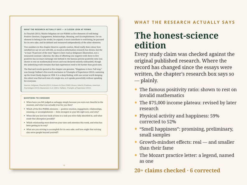 May include: A book page titled What the Research Actually Says: The honest-science edition. It features a text box on the left discussing PERMA and questions to consider, and a list on the right detailing corrected scientific claims.
