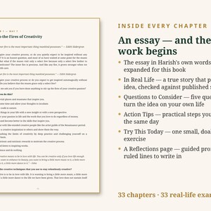 Puede incluir: Una p&aacute;gina de libro titulada Chapter 1 - May 7 Stir Up the Fires of Creativity con texto y vi&ntilde;etas, junto a una secci&oacute;n titulada Inside Every Chapter que enumera caracter&iacute;sticas como An essay, In Real Life y Action Tips.