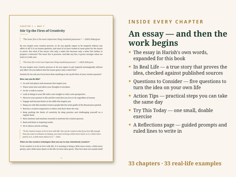 Puede incluir: Una p&aacute;gina de libro titulada Chapter 1 - May 7 Stir Up the Fires of Creativity con texto y vi&ntilde;etas, junto a una secci&oacute;n titulada Inside Every Chapter que enumera caracter&iacute;sticas como An essay, In Real Life y Action Tips.
