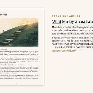 Puede incluir: Una p&aacute;gina de libro titulada Introduction con una ilustraci&oacute;n de escaleras que suben por una colina cubierta de hierba hacia un amanecer. El texto trata sobre el perfeccionismo. A la derecha, una secci&oacute;n About the Author describe a Harish, bi&oacute;logo molecular y tutor de matem&aacute;ticas, y su libro Beyond Perfectionism, se&ntilde;alando que no es generado por IA. Se indica el sitio web launchyourgenius.com.