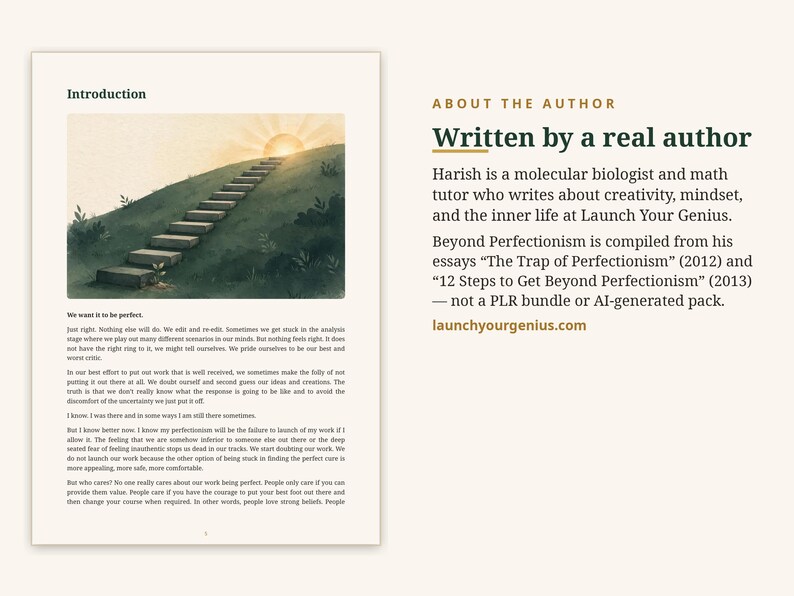 Puede incluir: Una p&aacute;gina de libro titulada Introduction con una ilustraci&oacute;n de escaleras que suben por una colina cubierta de hierba hacia un amanecer. El texto trata sobre el perfeccionismo. A la derecha, una secci&oacute;n About the Author describe a Harish, bi&oacute;logo molecular y tutor de matem&aacute;ticas, y su libro Beyond Perfectionism, se&ntilde;alando que no es generado por IA. Se indica el sitio web launchyourgenius.com.