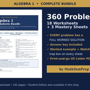 Bundel met werkbladen voor Algebra 1 | 360 opgaven met uitgewerkte oplossingen | 18 werkbladen + 3 oefenbladen | MathTestPrep