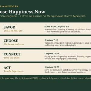 May include: A dark green infographic titled The Framework: Choose Happiness Now. It outlines four sections: I Savor, II Choose, III Connect, and IV Act, each with corresponding chapter ranges and brief descriptive text for a personal development system.