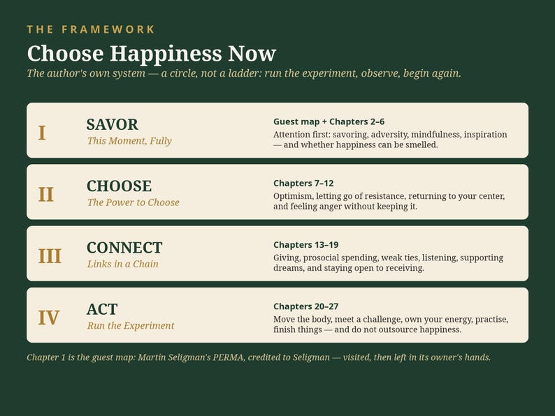 May include: A dark green infographic titled The Framework: Choose Happiness Now. It outlines four sections: I Savor, II Choose, III Connect, and IV Act, each with corresponding chapter ranges and brief descriptive text for a personal development system.