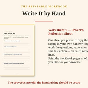 Op de afbeelding: Een printbaar werkboek getiteld Write It by Hand met Worksheet 1, een spreekwoordenreflectieblad. De pagina bevat gelinieerde regels voor het overschrijven van spreekwoorden, het noteren van betekenissen en actiepunten.
