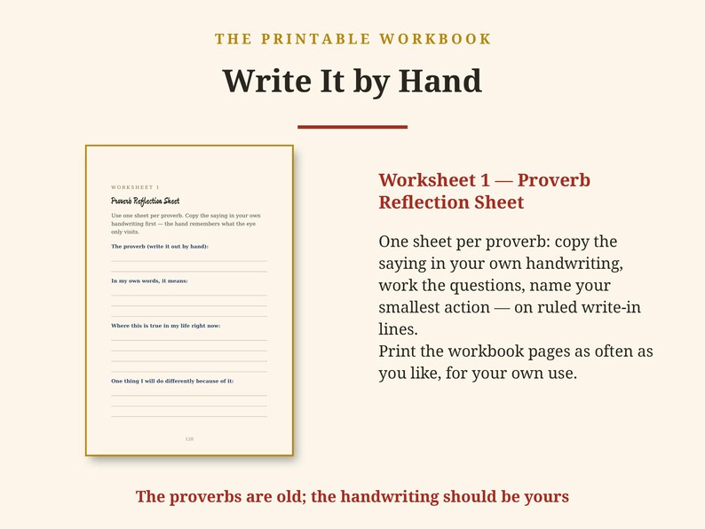 Op de afbeelding: Een printbaar werkboek getiteld Write It by Hand met Worksheet 1, een spreekwoordenreflectieblad. De pagina bevat gelinieerde regels voor het overschrijven van spreekwoorden, het noteren van betekenissen en actiepunten.