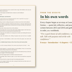 May include: A page from a workbook titled In his own words, featuring text about self-confidence, walking with purpose, and body language. The layout includes numbered sections, quotes, and a summary stating 8 essays, introduction, 6 chapters, and closing.
