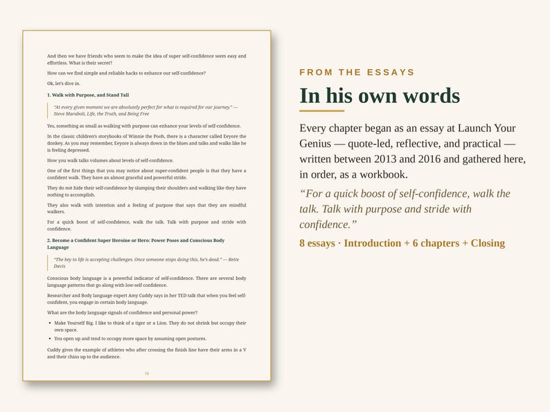 May include: A page from a workbook titled In his own words, featuring text about self-confidence, walking with purpose, and body language. The layout includes numbered sections, quotes, and a summary stating 8 essays, introduction, 6 chapters, and closing.