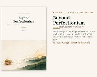 May include: A workbook titled Beyond Perfectionism: A 12-Step Action Workbook by Harish. The cover features a ball of yarn unraveling into a landscape of green hills and a rising sun. The text includes 46 pages, 12 steps, and instant PDF download.