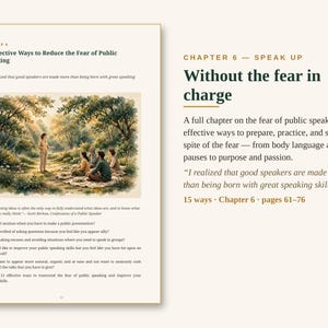 May include: A book page titled Chapter 6: 15 Effective Ways to Reduce the Fear of Public Speaking. It features an illustration of a person speaking to a small group in a forest, alongside text detailing ways to prepare, practice, and speak.