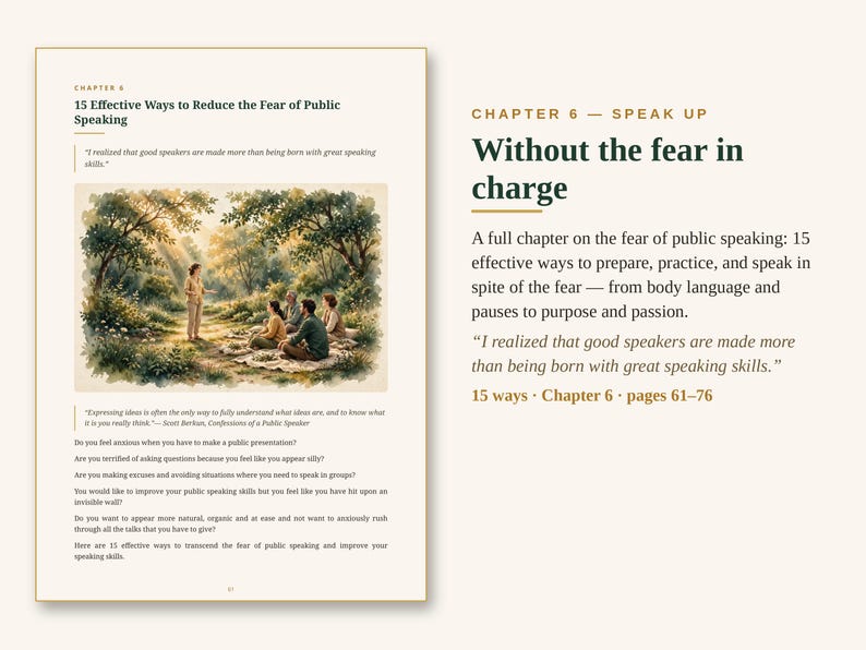 May include: A book page titled Chapter 6: 15 Effective Ways to Reduce the Fear of Public Speaking. It features an illustration of a person speaking to a small group in a forest, alongside text detailing ways to prepare, practice, and speak.