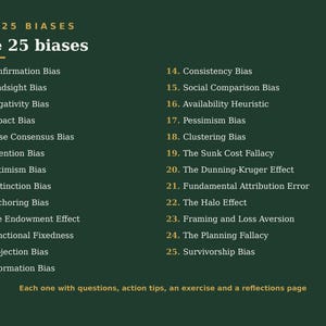 May include: A dark green informational chart titled All 25 Biases, listing 25 cognitive biases from Confirmation Bias to Survivorship Bias in white text. The bottom text reads: Each one with questions, action tips, an exercise and a reflections page.