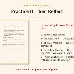 Op de afbeelding: Een werkboekpagina getiteld Practice It, Then Reflect, met secties genaamd Put It Into Practice en Pause And Reflect met gelinieerde regels. De tekst legt het vijfstappenpad uit, inclusief uitspraken en levenswijsheden.