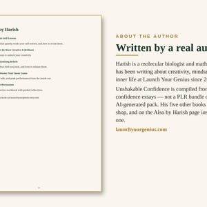 May include: A book page featuring an About the Author section for Harish, a molecular biologist and math tutor. The text details his writing on creativity and mindset, and lists his other books including Unshakable Self-Esteem and Beyond Perfectionism, with the URL launchyourgenius.com.