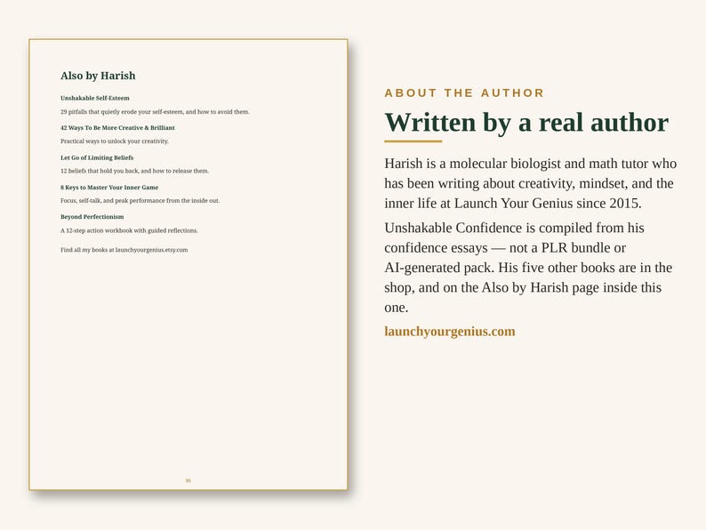 May include: A book page featuring an About the Author section for Harish, a molecular biologist and math tutor. The text details his writing on creativity and mindset, and lists his other books including Unshakable Self-Esteem and Beyond Perfectionism, with the URL launchyourgenius.com.