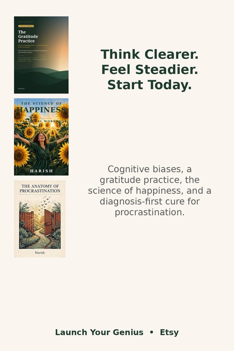 Op de afbeelding: Drie boekomslagen getiteld The Gratitude Practice, The Science of Happiness en The Anatomy of Procrastination door Harish. De tekst luidt Think Clearer. Feel Steadier. Start Today. Cognitive biases, a gratitude practice, the science of happiness, and a diagnosis-first cure for procrastination. Launch Your Genius &bull; Etsy.