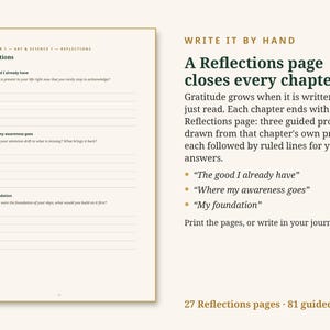 May include: A journal page titled Reflections with three guided prompts: The good I already have, Where my awareness goes, and My foundation. Each prompt is followed by horizontal ruled lines for writing. The page has a thin gold border.