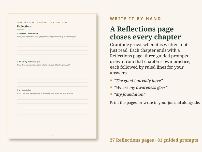May include: A journal page titled Reflections with three guided prompts: The good I already have, Where my awareness goes, and My foundation. Each prompt is followed by horizontal ruled lines for writing. The page has a thin gold border.