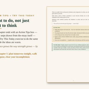 May include: A page from a book titled Action Tips + Try This Today. The text discusses confidence, featuring a section on what to do, not just what to think. It includes a box with action tips and a try this today exercise for daily practice.