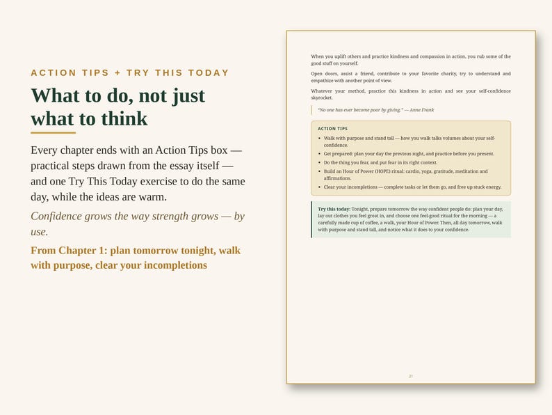 May include: A page from a book titled Action Tips + Try This Today. The text discusses confidence, featuring a section on what to do, not just what to think. It includes a box with action tips and a try this today exercise for daily practice.