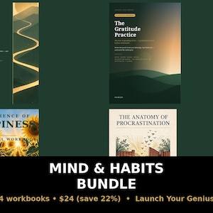 Op de afbeelding: Een digitaal pakket met vier werkboeken getiteld 25 Cognitive Biases, The Gratitude Practice, The Science of Happiness en The Anatomy of Procrastination, weergegeven met de tekst Mind & Habits Bundle en Launch Your Genius.