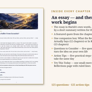 Puede incluir: Una p&aacute;gina de libro titulada Chapter 3 Do You Suffer From Excusitis? con una ilustraci&oacute;n de paisaje monta&ntilde;oso. El texto describe los componentes del cap&iacute;tulo, incluyendo un ensayo, una cita, un recuadro, preguntas y consejos.
