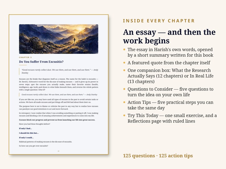 Puede incluir: Una p&aacute;gina de libro titulada Chapter 3 Do You Suffer From Excusitis? con una ilustraci&oacute;n de paisaje monta&ntilde;oso. El texto describe los componentes del cap&iacute;tulo, incluyendo un ensayo, una cita, un recuadro, preguntas y consejos.