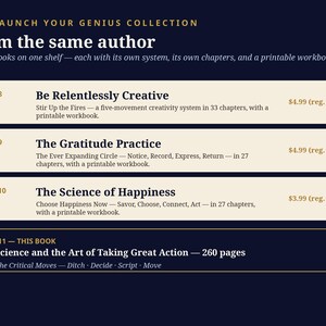 Puede incluir: Un gr&aacute;fico azul oscuro de la colecci&oacute;n Launch Your Genius que muestra cuatro libros: Be Relentlessly Creative, The Gratitude Practice, The Science of Happiness y The Science and the Art of Taking Great Action, cada uno con detalles de cap&iacute;tulos y cuadernos.