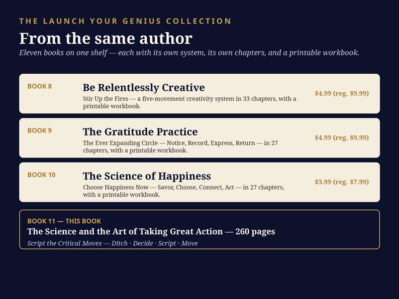 Puede incluir: Un gr&aacute;fico azul oscuro de la colecci&oacute;n Launch Your Genius que muestra cuatro libros: Be Relentlessly Creative, The Gratitude Practice, The Science of Happiness y The Science and the Art of Taking Great Action, cada uno con detalles de cap&iacute;tulos y cuadernos.