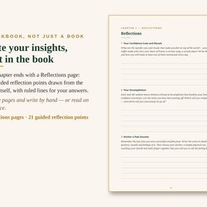 May include: A workbook page featuring the text A WORKBOOK, NOT JUST A BOOK, Write your insights, right in the book, and a Reflections page with three guided reflection points titled Your Confidence Cues and Rituals, Your Incompletions, and Anchor a Past Success.