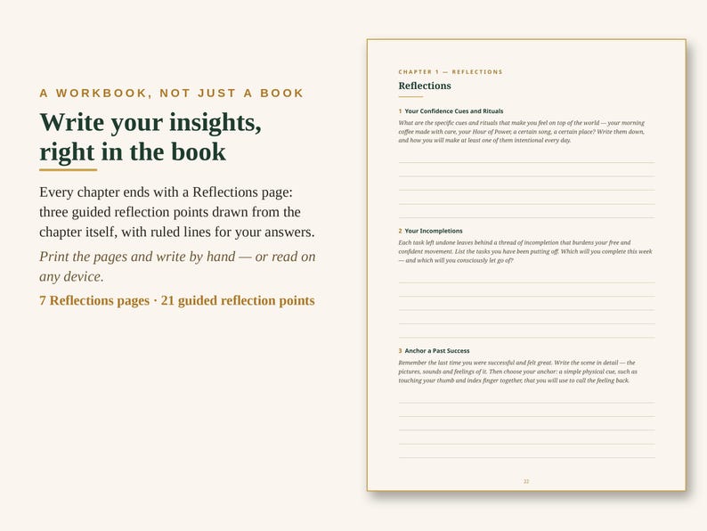May include: A workbook page featuring the text A WORKBOOK, NOT JUST A BOOK, Write your insights, right in the book, and a Reflections page with three guided reflection points titled Your Confidence Cues and Rituals, Your Incompletions, and Anchor a Past Success.
