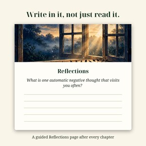 May include: A guided journal page featuring the text Write in it, not just read it at the top. Below is an illustration of a window overlooking a misty forest at sunrise. The page includes the heading Reflections and a prompt question.