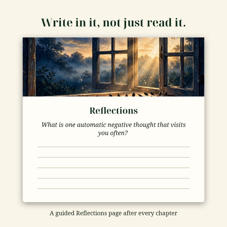 May include: A guided journal page featuring the text Write in it, not just read it at the top. Below is an illustration of a window overlooking a misty forest at sunrise. The page includes the heading Reflections and a prompt question.