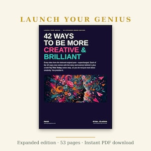 May include: A dark purple ebook cover titled Launch Your Genius: 42 Ways To Be More Creative & Brilliant. The design features a silhouette of a human head filled with vibrant, colorful floral and abstract patterns on a dark background.