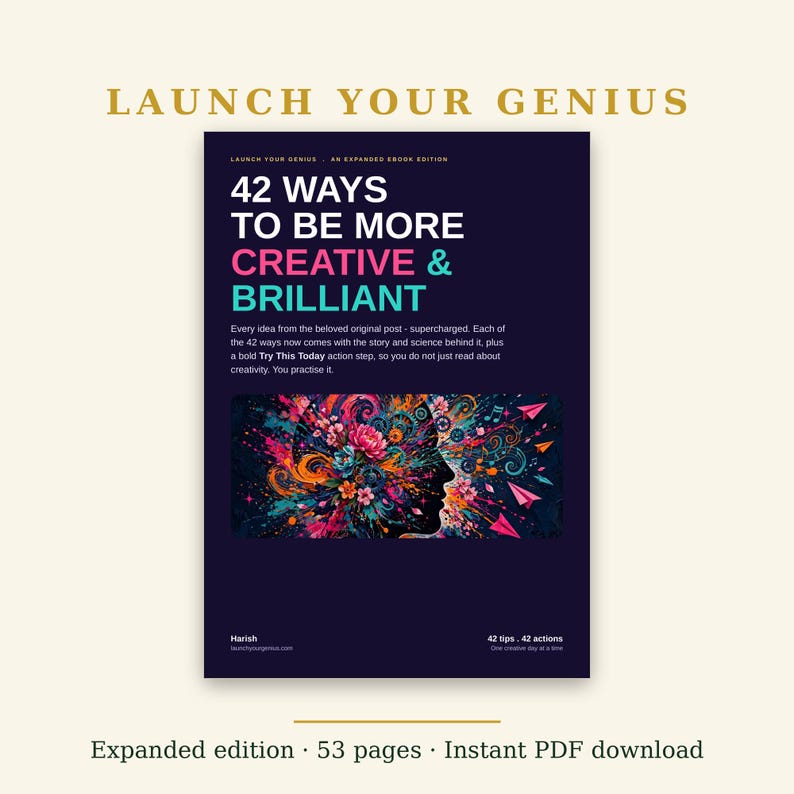 Puede incluir: Una portada de libro electr&oacute;nico de color morado oscuro titulada Launch Your Genius: 42 Ways To Be More Creative & Brilliant. El dise&ntilde;o presenta la silueta de una cabeza humana llena de coloridos patrones florales y abstractos sobre un fondo oscuro.