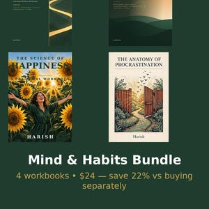 Op de afbeelding: Een bundel van vier werkboeken getiteld 25 Cognitive Biases, The Gratitude Practice, The Science of Happiness en The Anatomy of Procrastination. De covers bevatten illustraties van landschappen, zonnebloemen en open poorten met de tekst Harish.