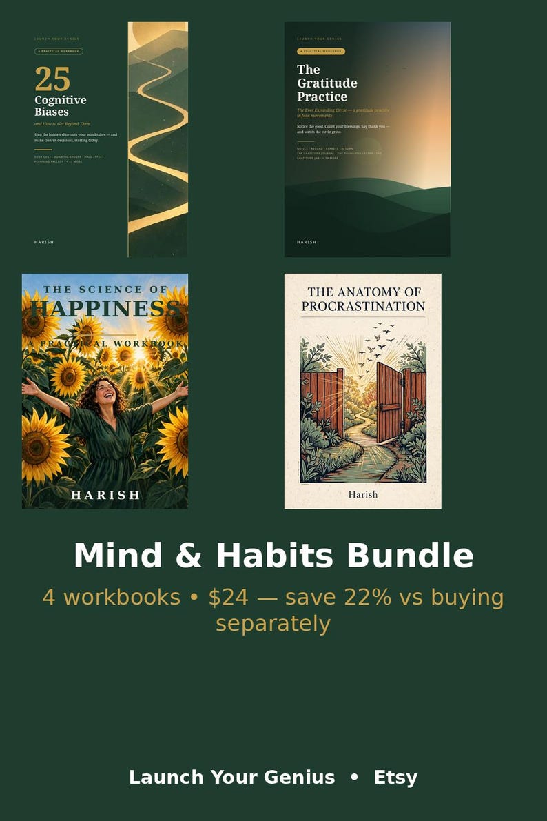 Op de afbeelding: Een bundel van vier werkboeken getiteld 25 Cognitive Biases, The Gratitude Practice, The Science of Happiness en The Anatomy of Procrastination. De covers bevatten illustraties van landschappen, zonnebloemen en open poorten met de tekst Harish.
