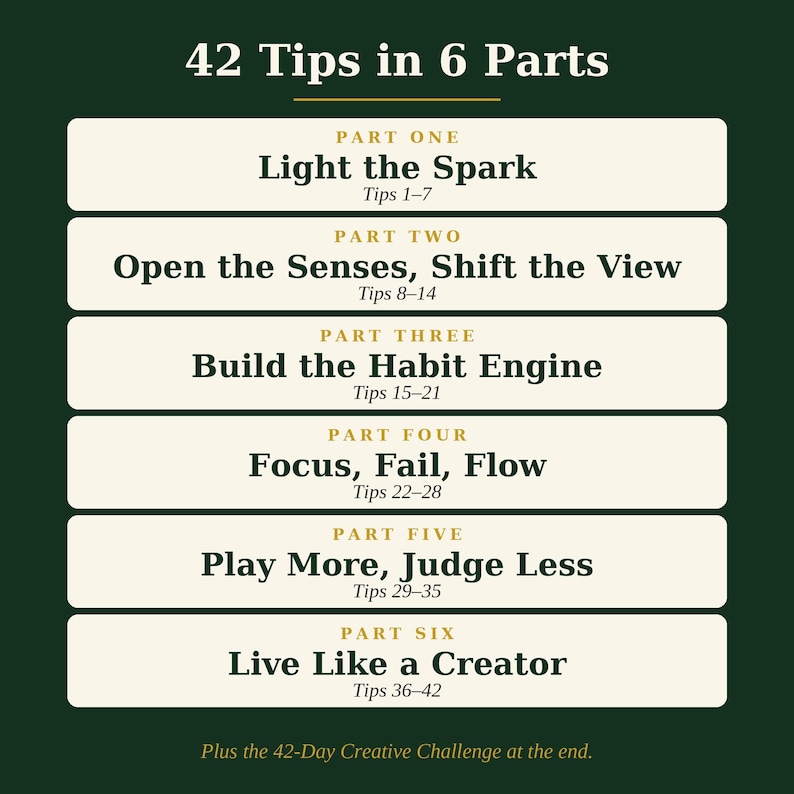 Puede incluir: Un gr&aacute;fico verde oscuro con el texto 42 Tips in 6 Parts, organizado en seis secciones con t&iacute;tulos como Light the Spark, Open the Senses, Shift the View, Build the Habit Engine, Focus, Fail, Flow, Play More, Judge Less y Live Like a Creator.
