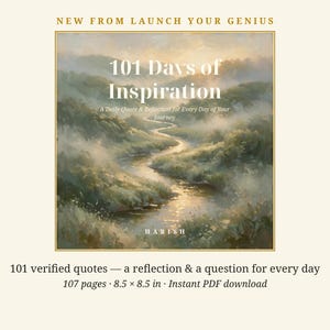 Op de afbeelding: Een digitale boekomslag getiteld 101 Days of Inspiration door Harish, met een schilderij van een kronkelende rivier door een mistig, groen landschap. De tekst bevat New From Launch Your Genius, 101 verified quotes, 107 pagina's, 21,59 x 21,59 cm.
