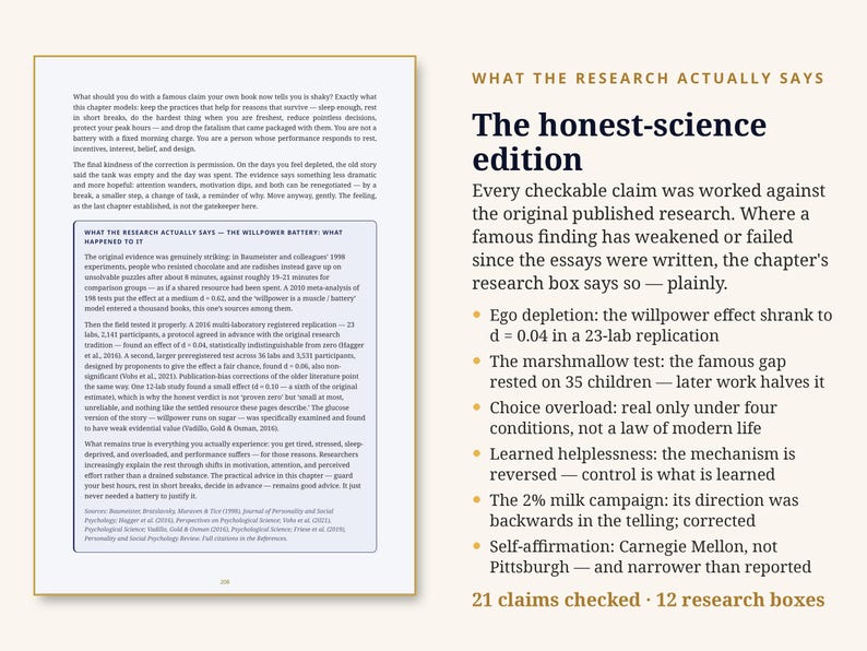 Puede incluir: Una p&aacute;gina de libro titulada The honest-science edition con texto sobre afirmaciones de investigaci&oacute;n. Incluye un recuadro titulado WHAT THE RESEARCH ACTUALLY SAYS y una lista de puntos que detallan hallazgos sobre el agotamiento del yo y otros temas.
