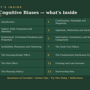 May include: A dark green informational chart titled 25 Cognitive Biases &mdash; what's inside. It lists numbered sections from Introduction to 13, including topics like Confirmation, The Dunning-Kruger Effect, and Survivorship Bias, with footer text Questions to Consider, Action Tips, Try This Today, and Reflections.
