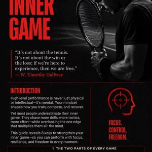 May include: A black and white informational poster titled The Inner Game, featuring a tennis player holding a racket. The text includes a quote by W. Timothy Gallwey, an introduction, a list of 8 keys to mastering your inner game, and the words Focus. Control. Freedom. with a target icon.