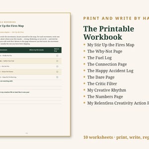 Puede incluir: Una p&aacute;gina de libro de ejercicios imprimible titulada My Stir Up the Fires Map con una tabla que enumera cinco movimientos y casillas de verificaci&oacute;n, junto a una lista de diez secciones que incluyen The Why-Not Page, The Fuel Log y The Relentless Creativity Action Plan.