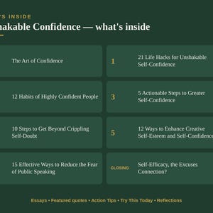 May include: A dark green informational graphic titled Unshakable Confidence &mdash; what's inside. It lists an introduction and six numbered sections with titles including 21 Life Hacks, 12 Habits, 5 Actionable Steps, 10 Steps, 12 Ways, and 15 Effective Ways.