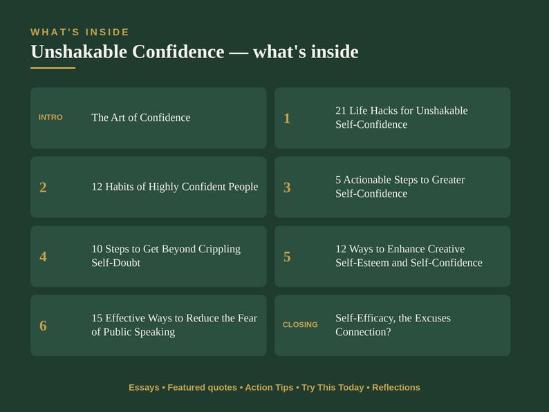 May include: A dark green informational graphic titled Unshakable Confidence &mdash; what's inside. It lists an introduction and six numbered sections with titles including 21 Life Hacks, 12 Habits, 5 Actionable Steps, 10 Steps, 12 Ways, and 15 Effective Ways.