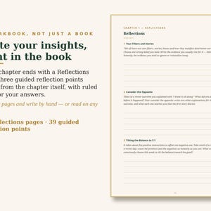 May include: A workbook page titled Chapter 1 Reflections featuring three guided reflection points with ruled lines for writing. The text includes instructions for insights, 13 reflection pages, and 39 guided reflection points.