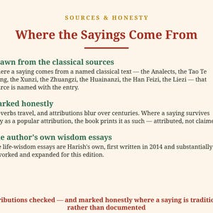 Op de afbeelding: Een pagina getiteld Sources & Honesty: Where the Sayings Come From. Het legt uit dat spreuken afkomstig zijn uit klassieke bronnen zoals de Analecten, Tao Te Ching en anderen, eerlijk gemarkeerd als toegeschreven, en bevat eigen wijsheid-essays.